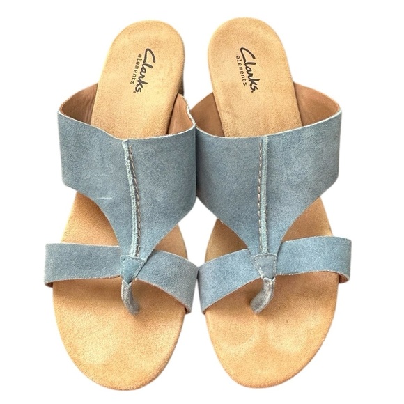 Clarks Elements Soft Suede Soft Cork Heel Cushion Thong Blue Sandal Sz 10 - Picture 3 of 13